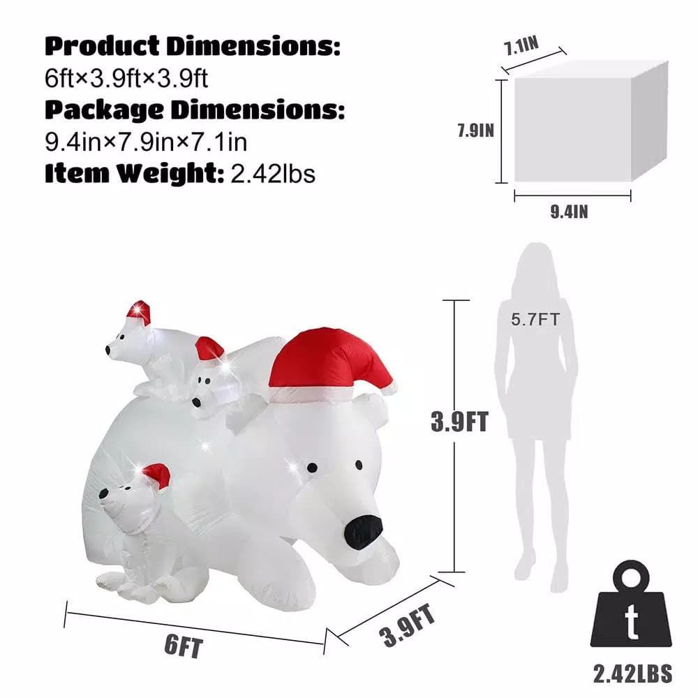 JOYDECOR 6 ft. Polar Bear Family Christmas Inflatable with LED Lights and Red Santa Hats