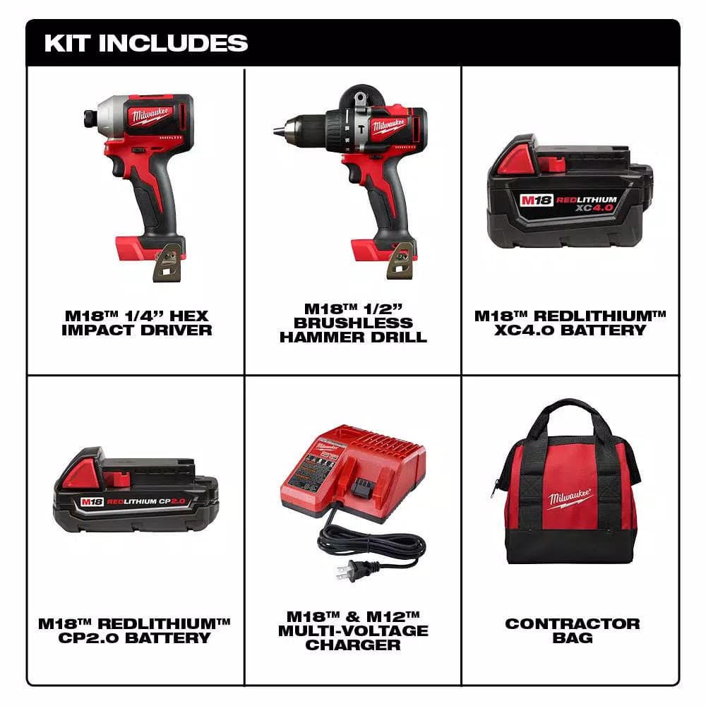 Milwaukee M18 18V Brushless Cordless Hammer Drill and Impact Driver 2-Tool Combo Kit