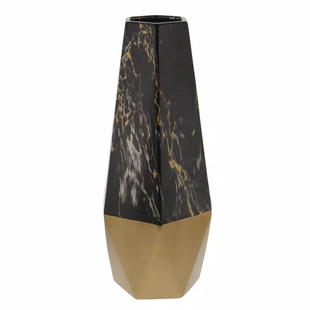 LITTON LANE 18 in. Ceramic Black and Gold Modern Geometric Bud Vase
