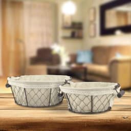 Stonebriar Collection 12 in. x 5 in. Iron Decorative Baskets with Fabric Lining and Wooden Handles, 2-Pack thumbnail 1