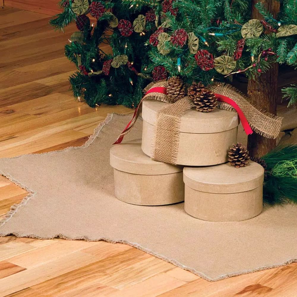 VHC Brands 48 in. Burlap Natural Tan Farmhouse Christmas Tree Skirt with 8-Point Star Design