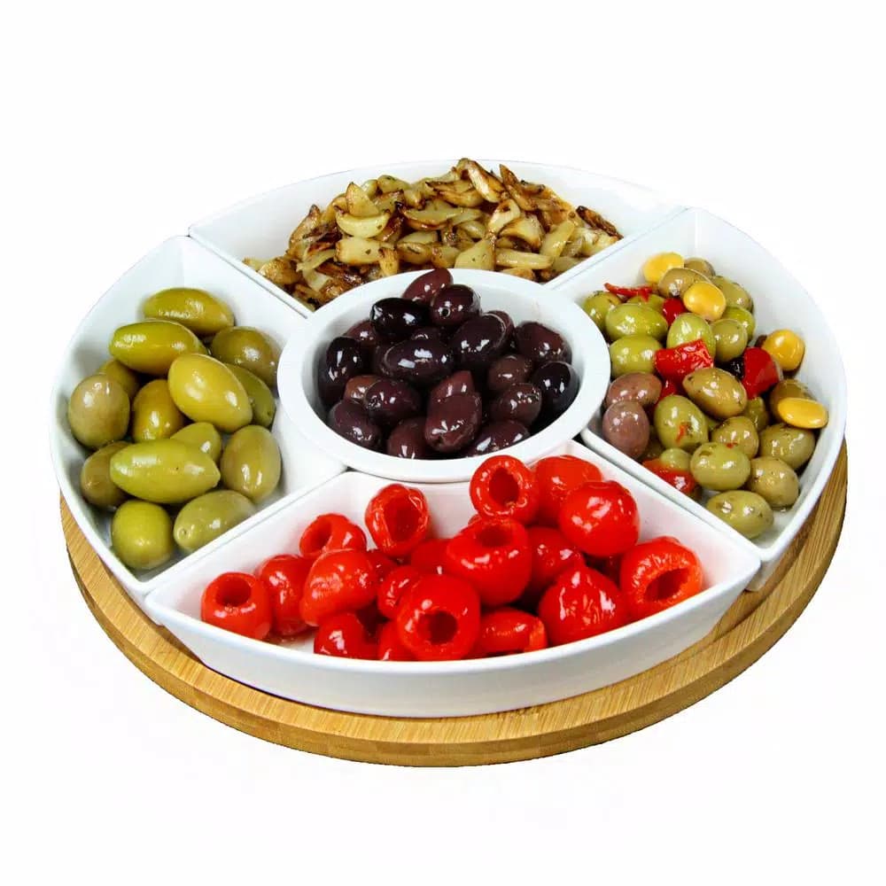 Elama Signature Collection Stoneware Appetizer and Condiment Server Set with Bamboo Lazy Susan Tray
