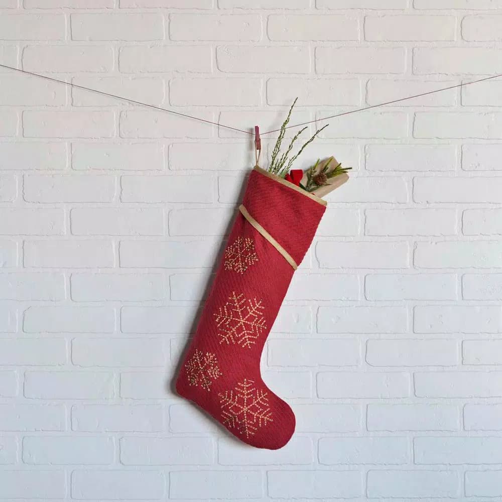 VHC Brands 20 in. Revelry Brick Red Traditional Christmas Stocking with Gold Taupe Jacquard Trim