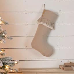 VHC Brands 20 in. Cotton Carol Khaki Tan Chambray Farmhouse Christmas Stocking with Lace and Wood Buttons thumbnail 3