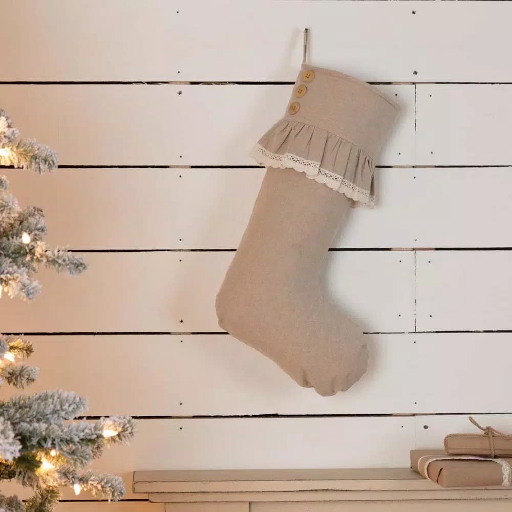 VHC Brands 20 in. Cotton Carol Khaki Tan Chambray Farmhouse Christmas Stocking with Lace and Wood Buttons