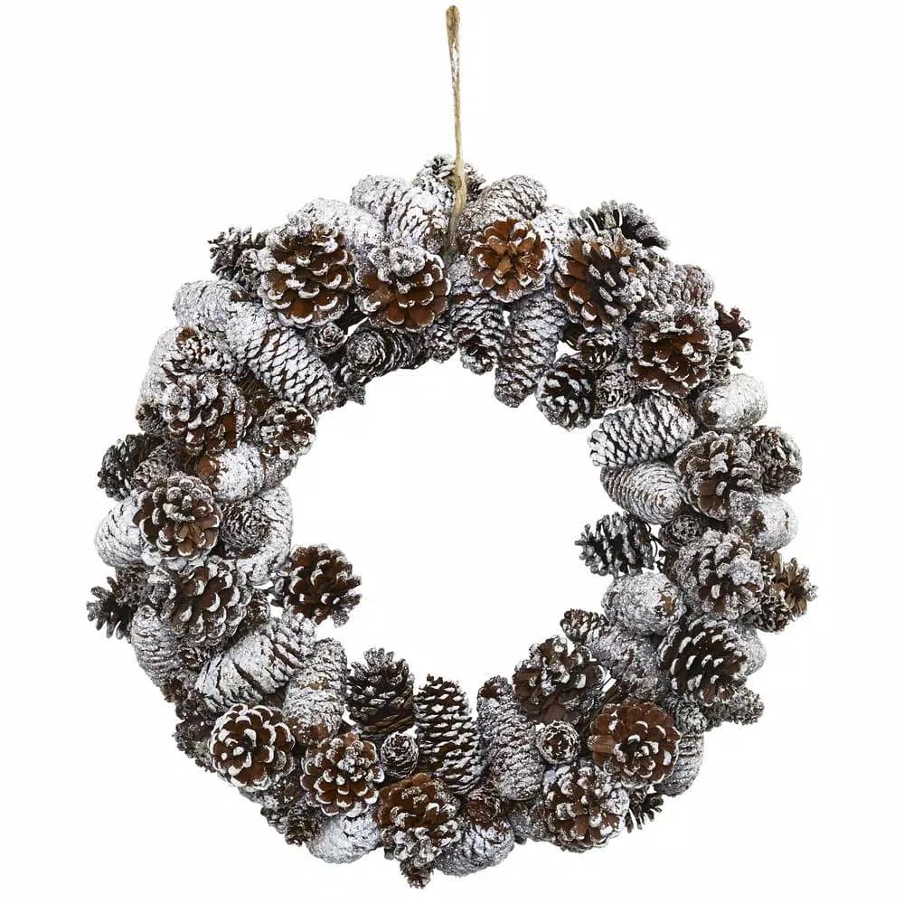Nearly Natural Snowy Pine Cone Wreath - 17 in. White Frosted Holiday Wreath