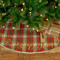 VHC Brands 55 in. Holiday Cherry Red Plaid Cotton Christmas Tree Skirt with Gold Embroidery thumbnail 4