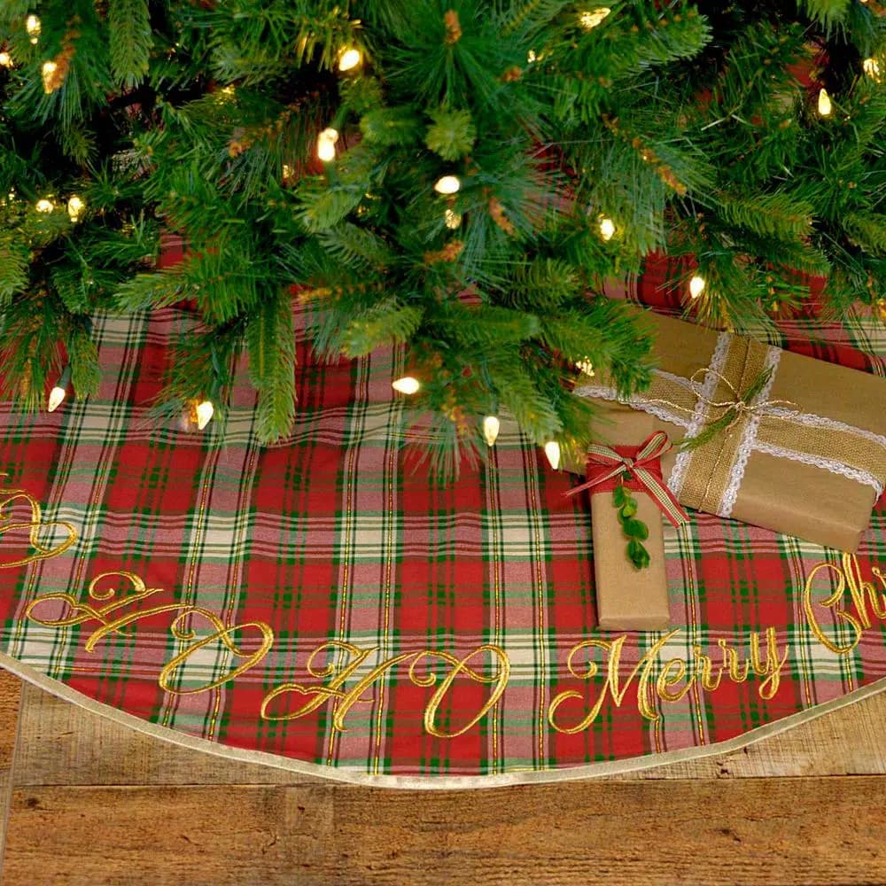 VHC Brands 55 in. Holiday Cherry Red Plaid Cotton Christmas Tree Skirt with Gold Embroidery