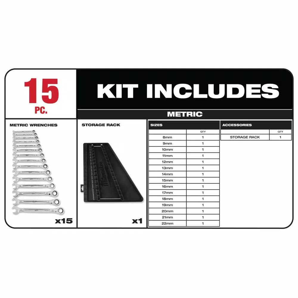 Milwaukee 15-Piece Metric Ratcheting Combination Wrench Set
