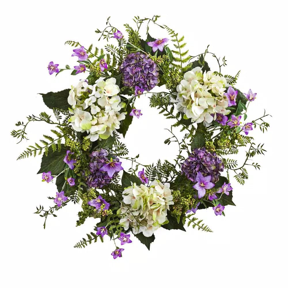 Nearly Natural Hydrangea Berry 24 in. Wreath - White and Purple Floral Decor