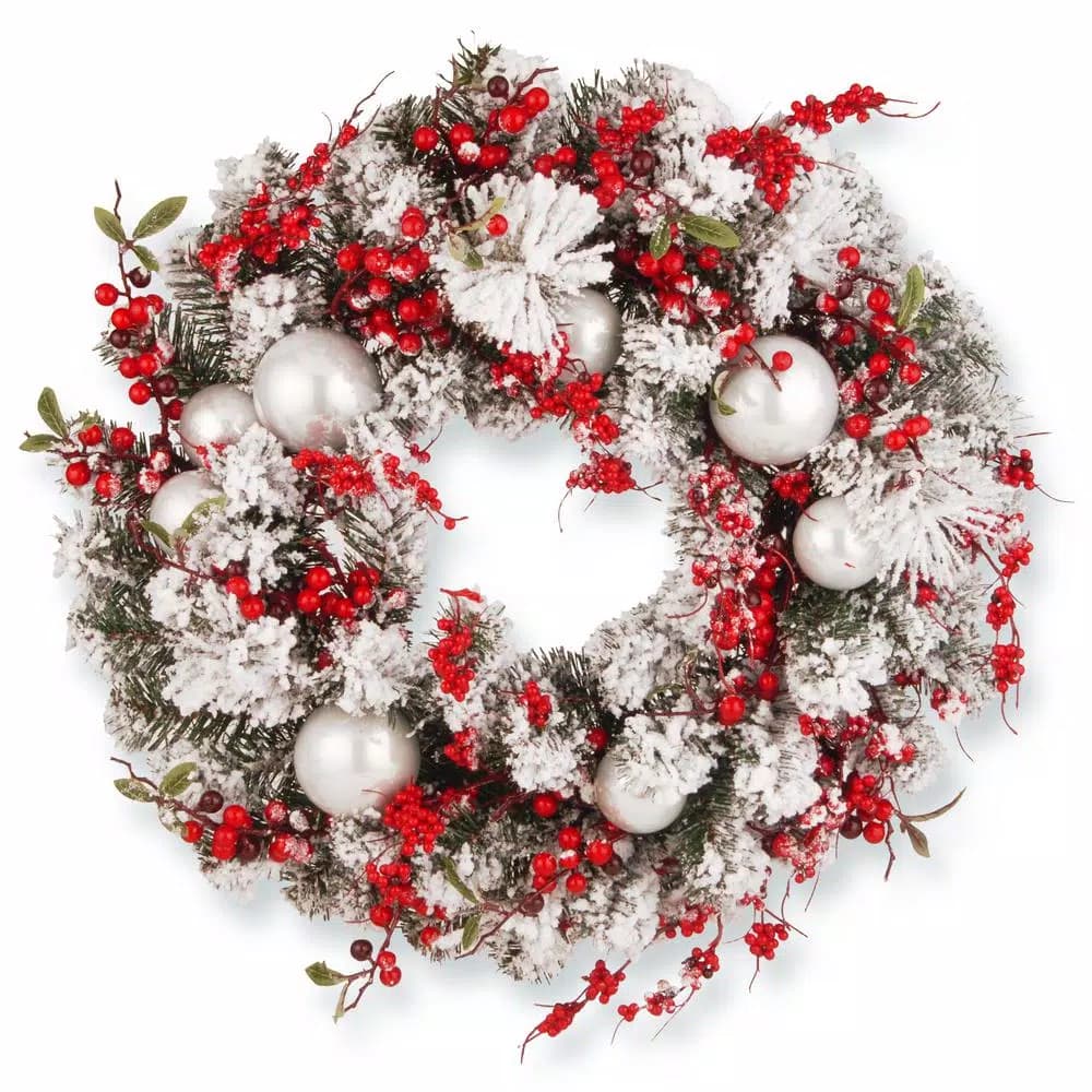 National Tree Company 24 in. Artificial Christmas Wreath with Flocked Evergreen, Red Berries, and Ball Ornaments