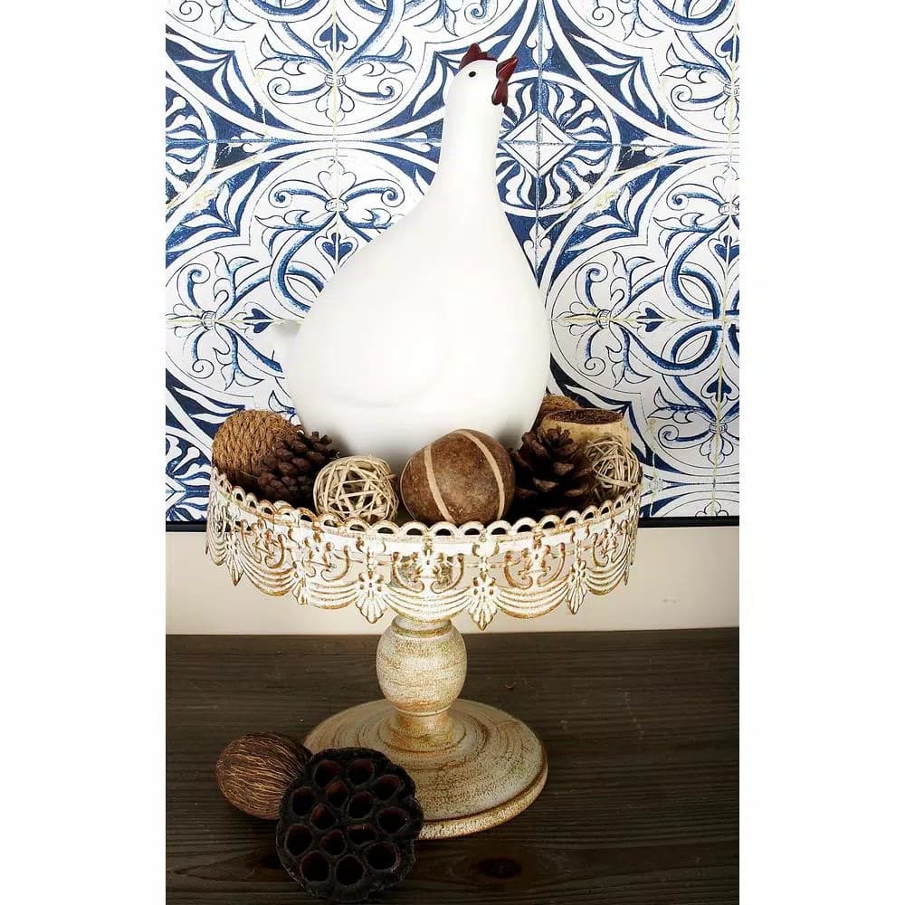 LITTON LANE 10 in. Round Whitewashed and Rust Brown Iron Cake Stand with Pierced Floral Bunting
