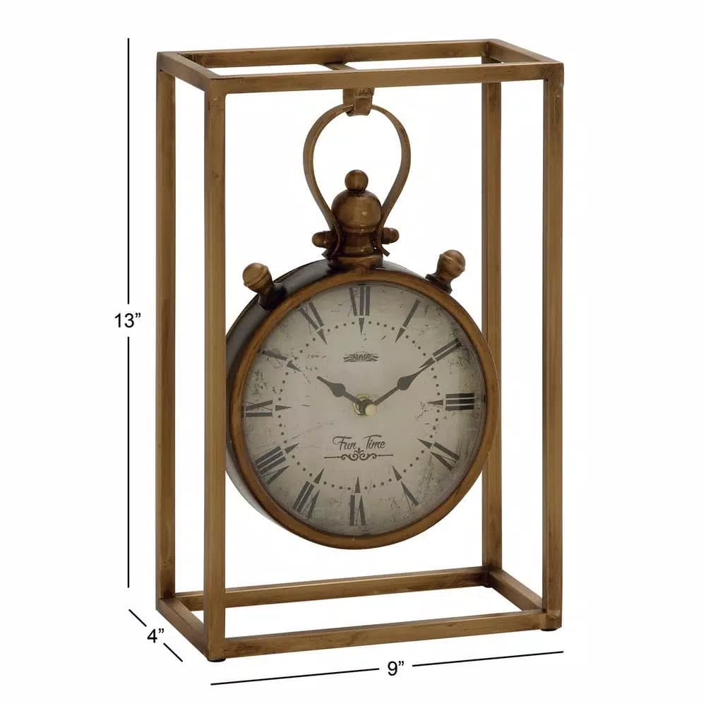 LITTON LANE 13 in. Round Iron Table Clock with Rectangular Metal Frame, Tarnished Bronze Finish