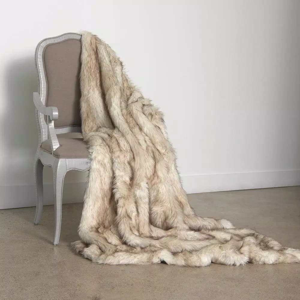 Best Home Fashion Champagne Fox Faux Fur Throw Blanket, 58 in. x 84 in.