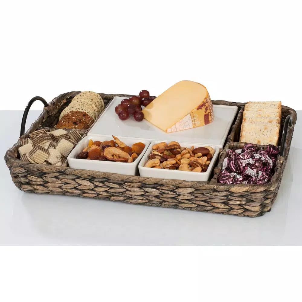 Unbranded CreativeWare Island Breeze Complete Hostess Server Set with Water Hyacinth Basket & Ceramic Bowls
