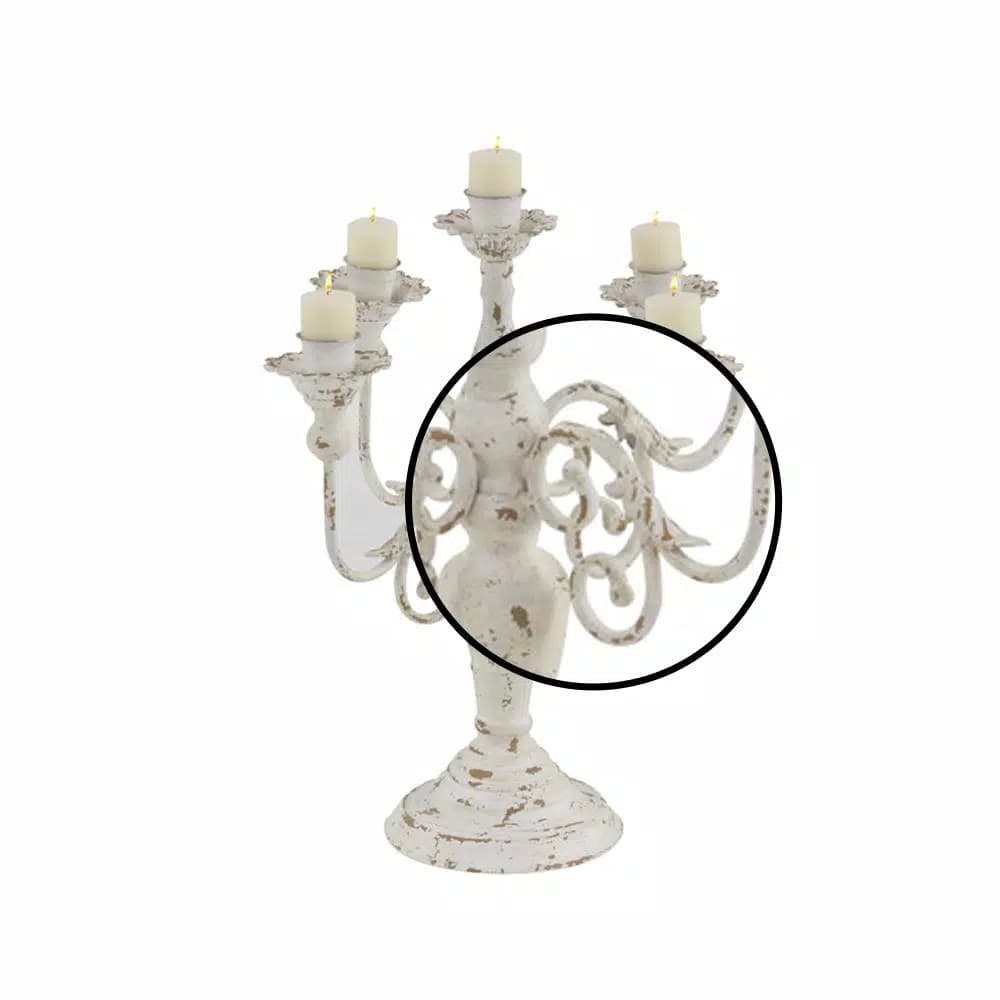 LITTON LANE Distressed White Iron Scroll 5-Light Candelabra Candle Holder