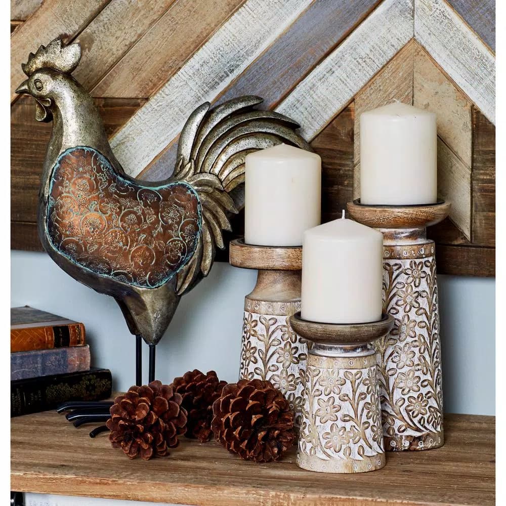 LITTON LANE Rustic Mango Wood and Iron Candle Holder Set of 3 with Floral Carvings