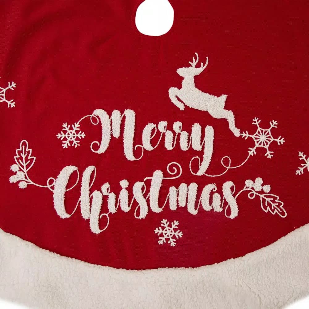 Glitzhome 48 in. Merry Christmas Fabric Tree Skirt with Reindeer and Snowflake Pattern