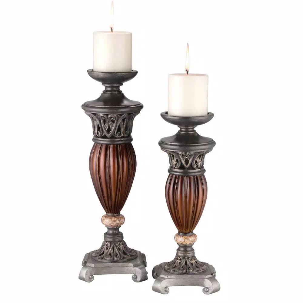 OK LIGHTING Brown Woodstone Polyresin Candlestick Set of 2