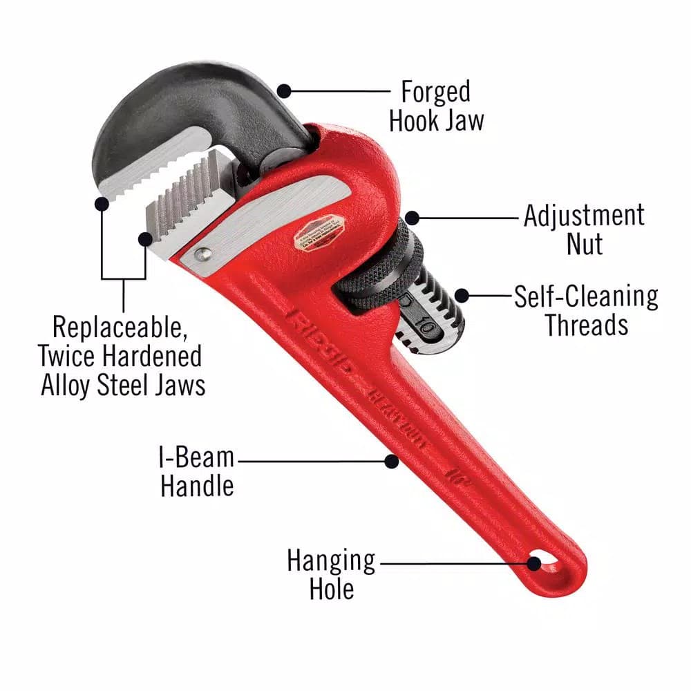 RIDGID 10 in. Heavy-Duty Straight Pipe Wrench, Ductile-Iron with I-Beam Handle