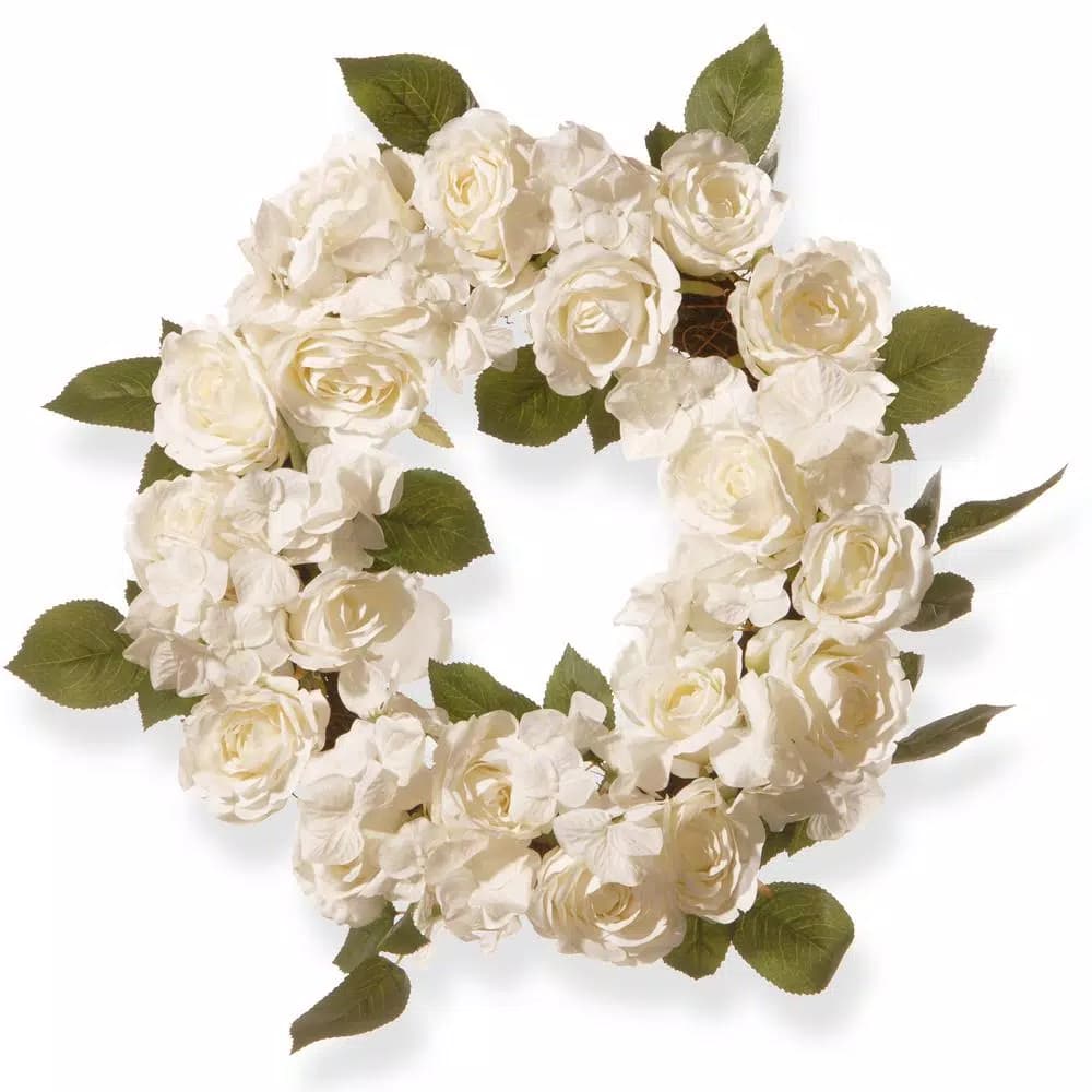 National Tree Company 16 in. White Rose Wreath with Green Leaves - Artificial Floral Wreath for Weddings and Special Occasions