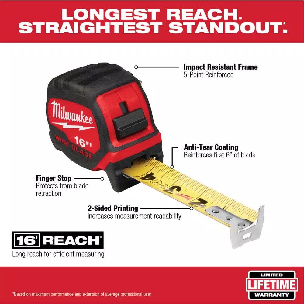 Milwaukee 16 ft. Wide Blade Tape Measure with 14 ft. Standout