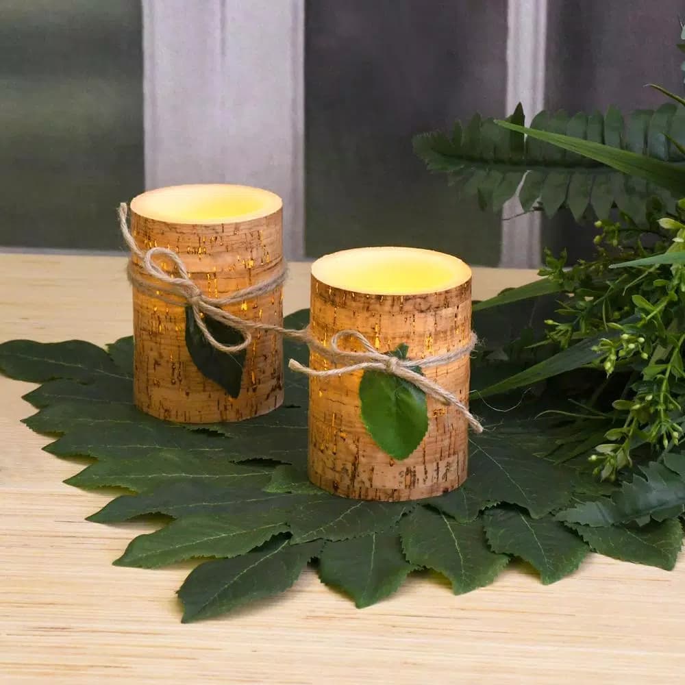 LUMABASE 4 in. Cork Wrapped Flameless LED Pillar Candles with Leaf and Jute Bow (Set of 2)