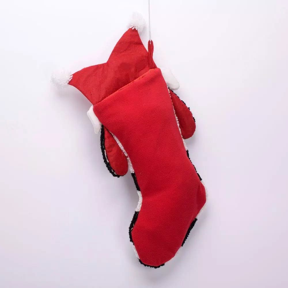 Glitzhome 22 in. Hooked 3D Dog Christmas Stocking - Red, White, and Black Spotted Dog Holiday Decor