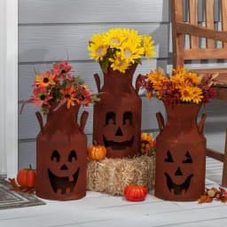 Gerson Rustic Metal Jack-O-Lantern Milk Can Luminaries, Set of 3 thumbnail 2