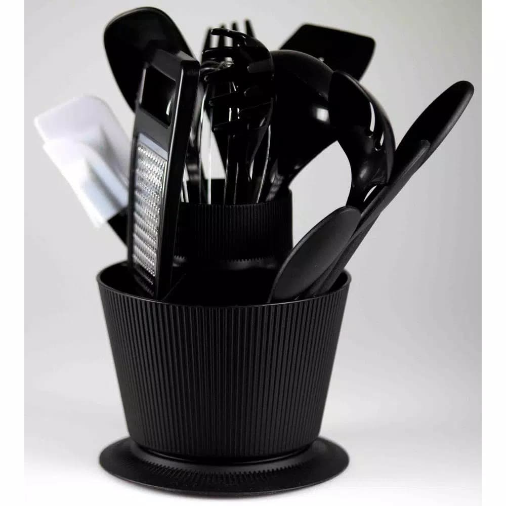 Home Basics 14-Piece Kitchen Tool Set with Revolving Storage Crock, Black
