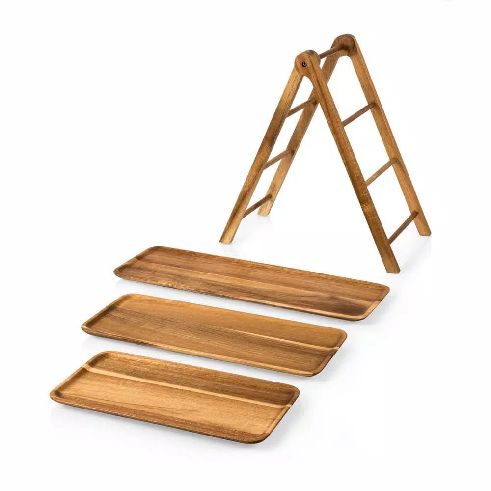 Picnic Time Acacia Wood 3-Tier Serving Ladder Station Set with Removable Trays