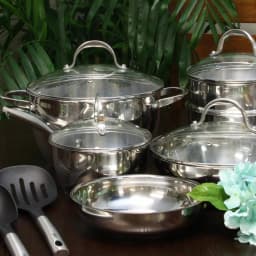 Oster Ridgewell 13-Piece Stainless Steel Cookware Set with Tempered-Glass Lids and Utensils thumbnail 2