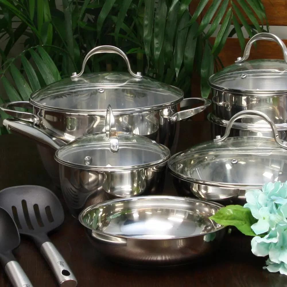Oster Ridgewell 13-Piece Stainless Steel Cookware Set with Tempered-Glass Lids and Utensils