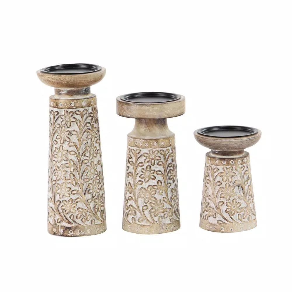 LITTON LANE Rustic Mango Wood and Iron Candle Holder Set of 3 with Floral Carvings