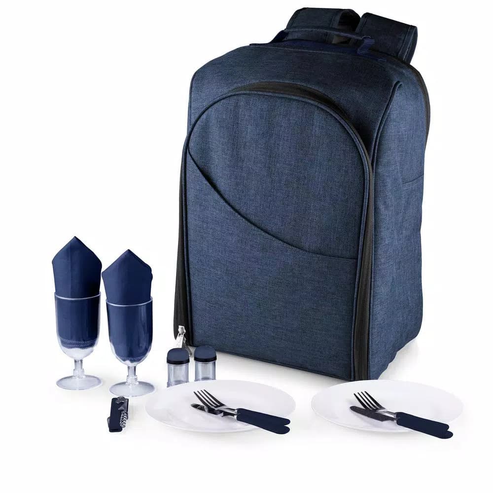 Picnic Time Colorado Navy Wood Picnic Cooler Backpack, Insulated Soft-Side Cooler for Two