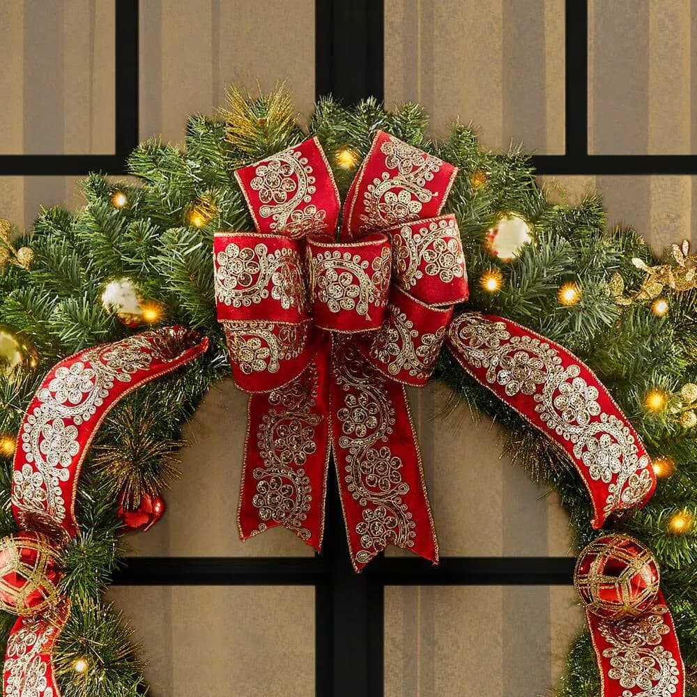 Home Accents Holiday 36 in. Royal Easton Pre-Lit LED Artificial Christmas Wreath with Gold Ornaments and Ribbon