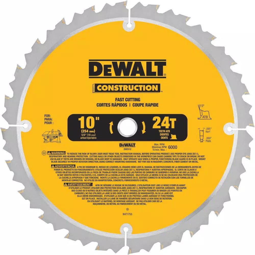 DEWALT 10 in. 24-Teeth Thin Kerf Construction Table Saw Blade