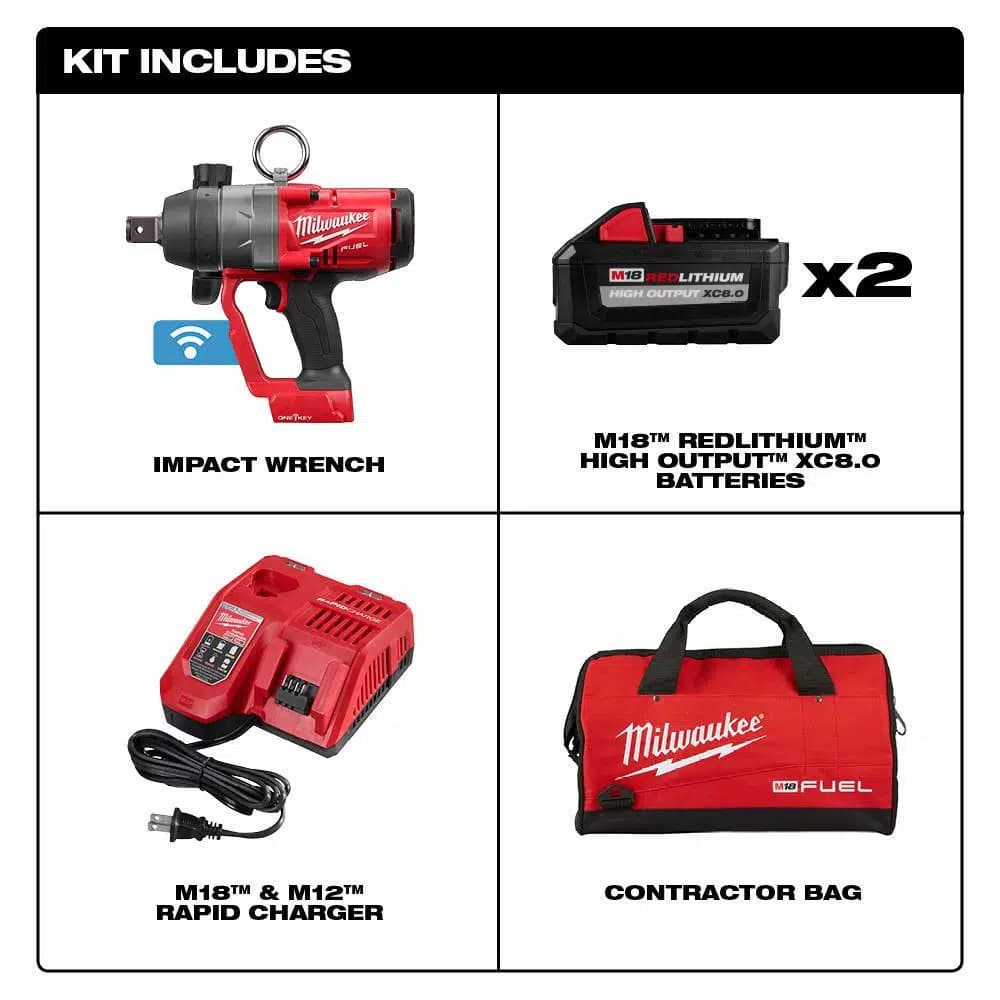 Milwaukee M18 FUEL 1 in. High Torque Impact Wrench Kit with ONE-KEY, Two 8.0 Ah Batteries & Charger