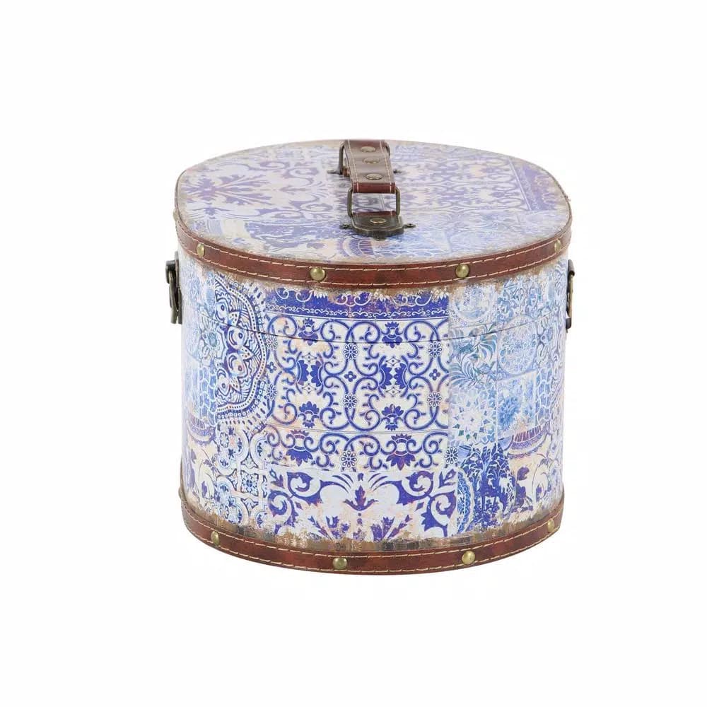 LITTON LANE Vintage Oval Wood and Faux Leather Case-Style Storage Boxes with Lids (Set of 2)