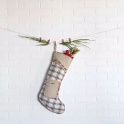 VHC Brands 20 in. Amory Ivory and Plaid Cotton Farmhouse Christmas Stocking with Pocket thumbnail 2