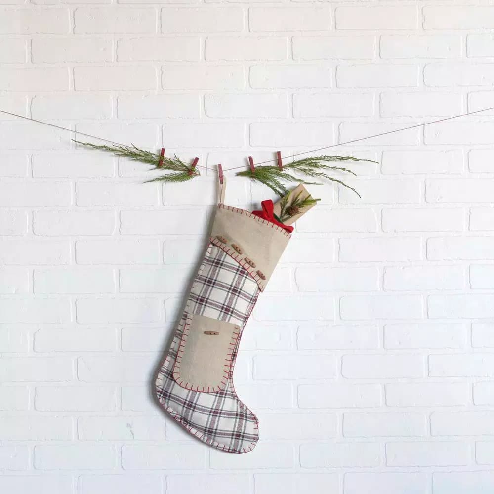 VHC Brands 20 in. Amory Ivory and Plaid Cotton Farmhouse Christmas Stocking with Pocket