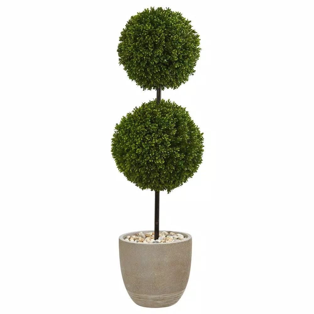 Nearly Natural 4 ft. Artificial Boxwood Double Ball Topiary Tree in Sand Oval Planter