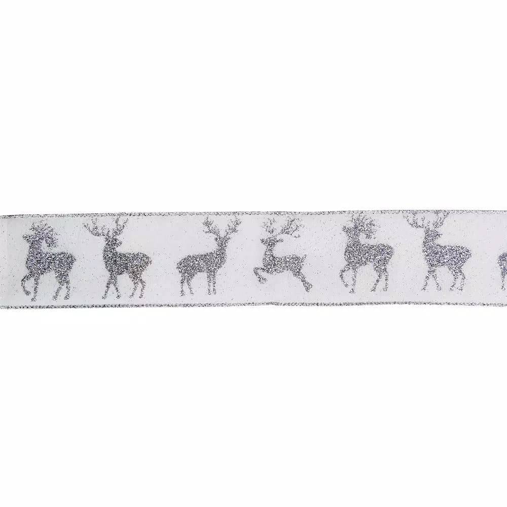 Northlight 2.5 in. x 16 yds. White and Silver Glitter Reindeer Wired Craft Ribbon