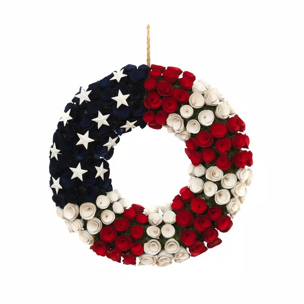 Gerson 21.5 in. Americana Wood Flower Wreath - Patriotic Red, White, and Blue Flag Inspired Decor