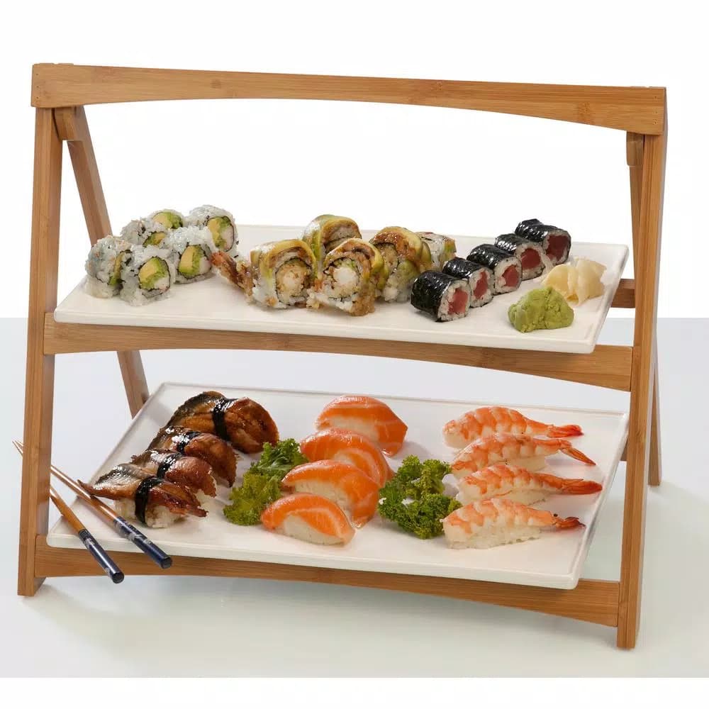 Unbranded CreativeWare TableStyles 2-Tiered Bamboo and Stoneware Folding Ladder Serving Set