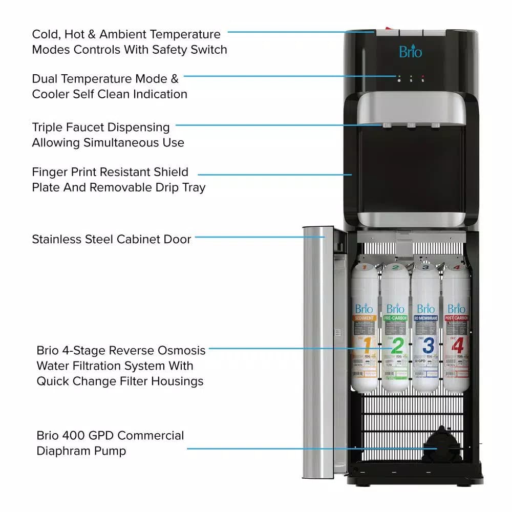 Brio Essential Series Bottleless Water Cooler, Tri-Temp Reverse Osmosis Filtration, Black & Stainless Steel