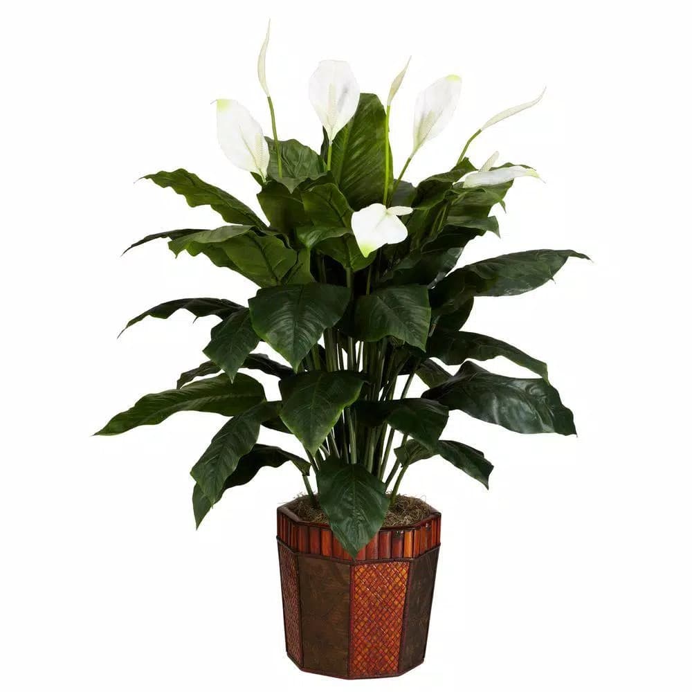 Nearly Natural 48 in. Green Spathyfillum Silk Plant with Wood Vase