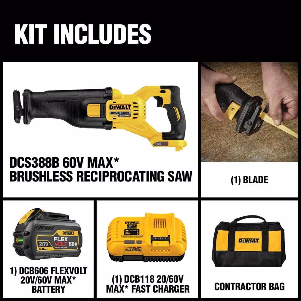 DEWALT DCS388T1 FLEXVOLT 60V MAX Cordless Brushless Reciprocating Saw Kit with 6.0Ah Battery and Charger