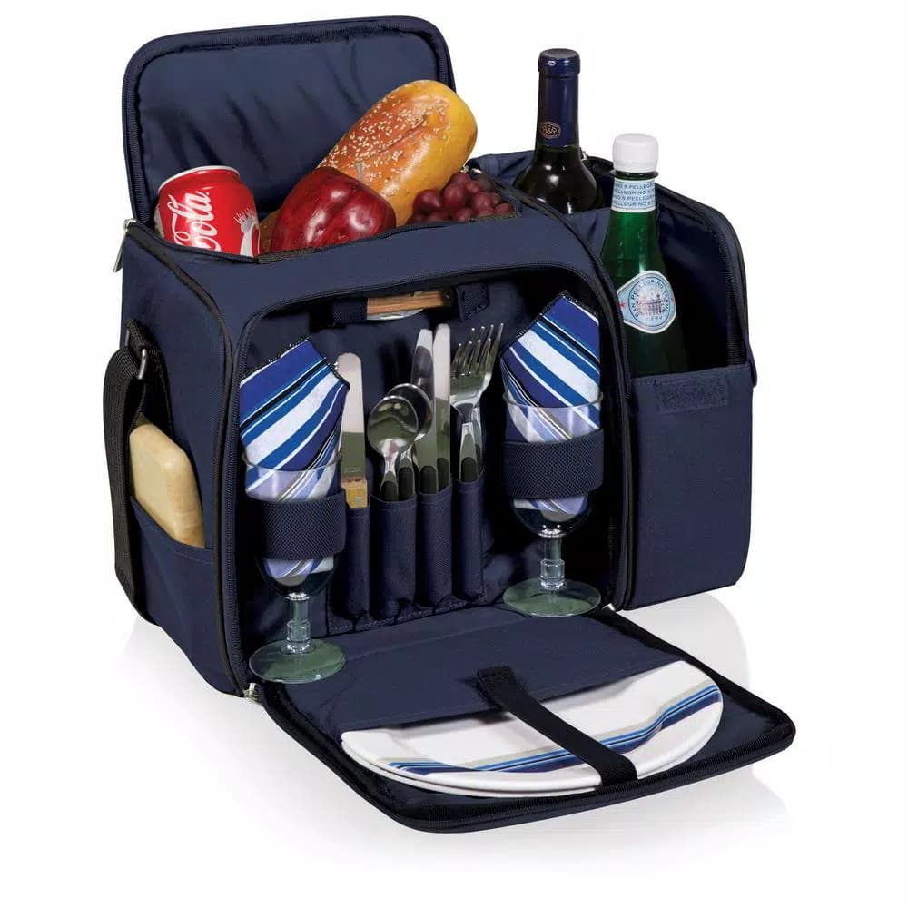 Picnic Time Malibu Navy Wood Picnic Cooler Tote - Insulated Soft-Side Cooler with Deluxe Picnic Service for Two