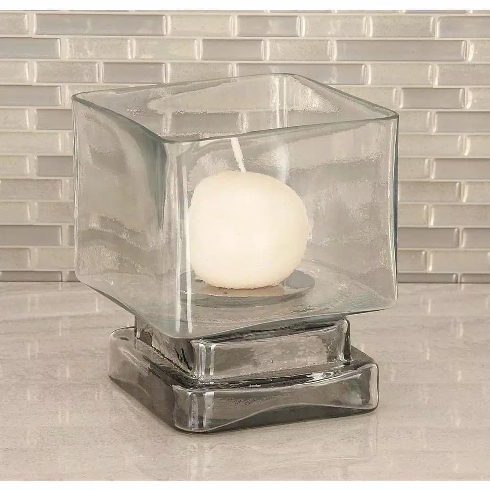 LITTON LANE 6 in. Cube-Shaped Frosted Glass Hurricane Candle Holders, Set of 2